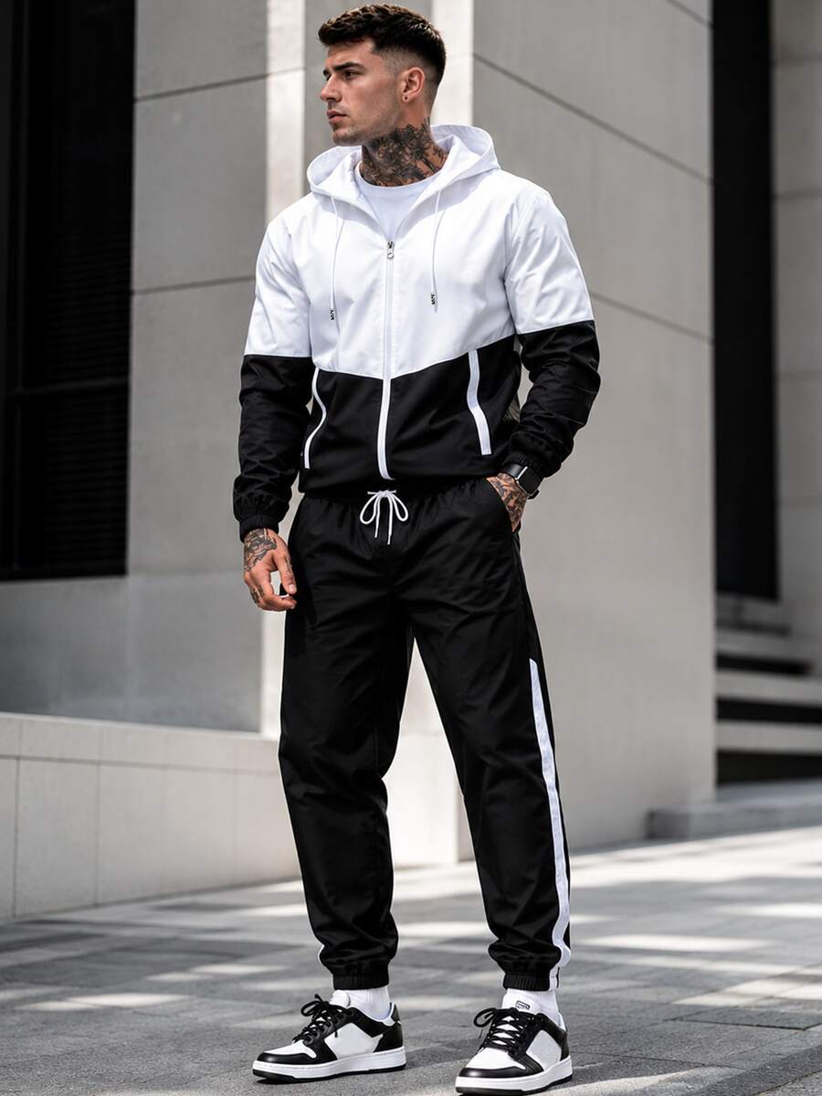 1 Set Men's Autumn Colorblock Sports Outfit, Zip-Up Hooded Jacket + Joggers, Casual Street Style