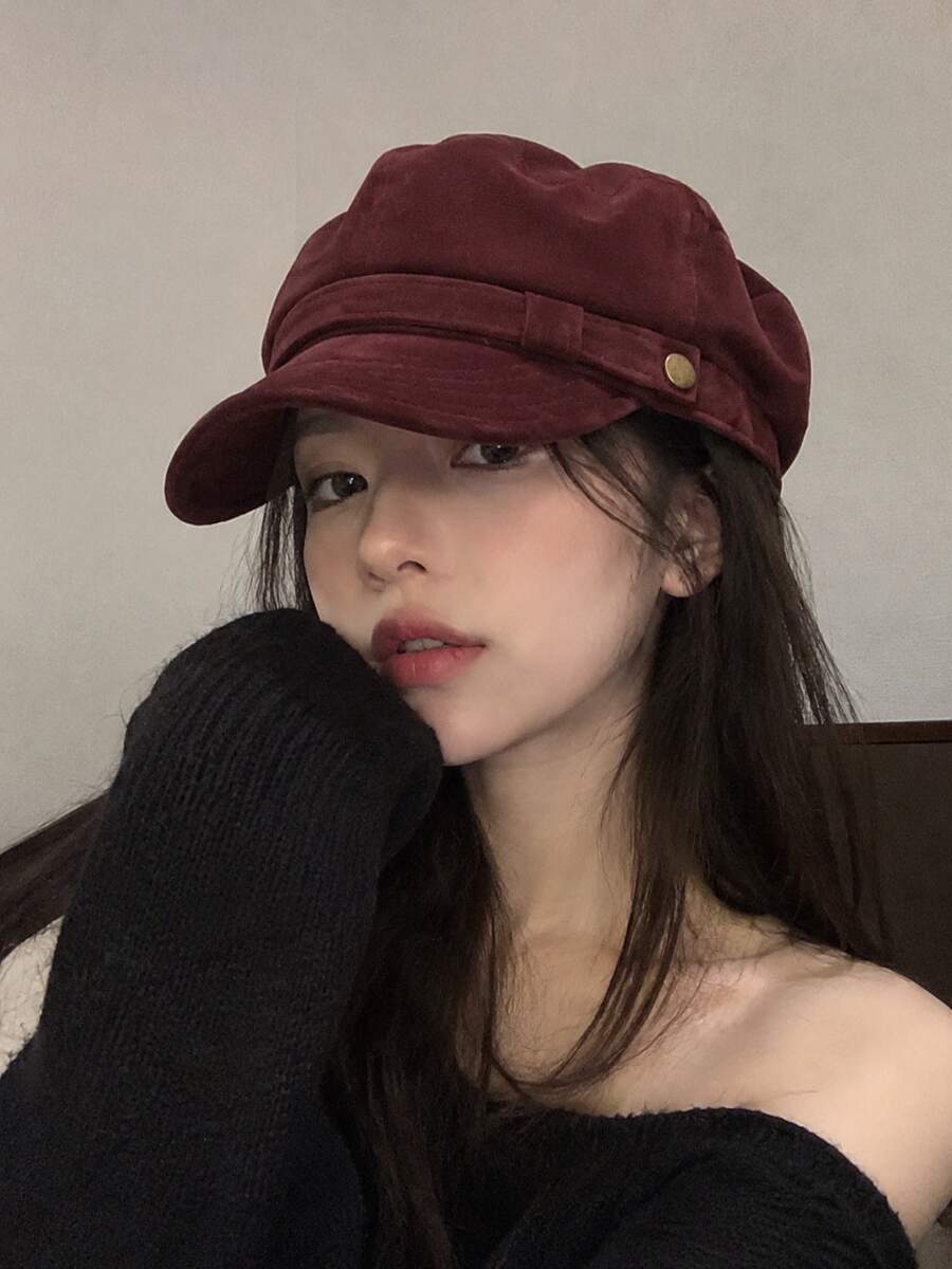1pc Women's Vintage Suede Texture Newsboy Cap, Soft Brim Baker Boy Hat With Belt Loop And Gold Button Detail, Suitable For Travel, Streetwear, All Seasons