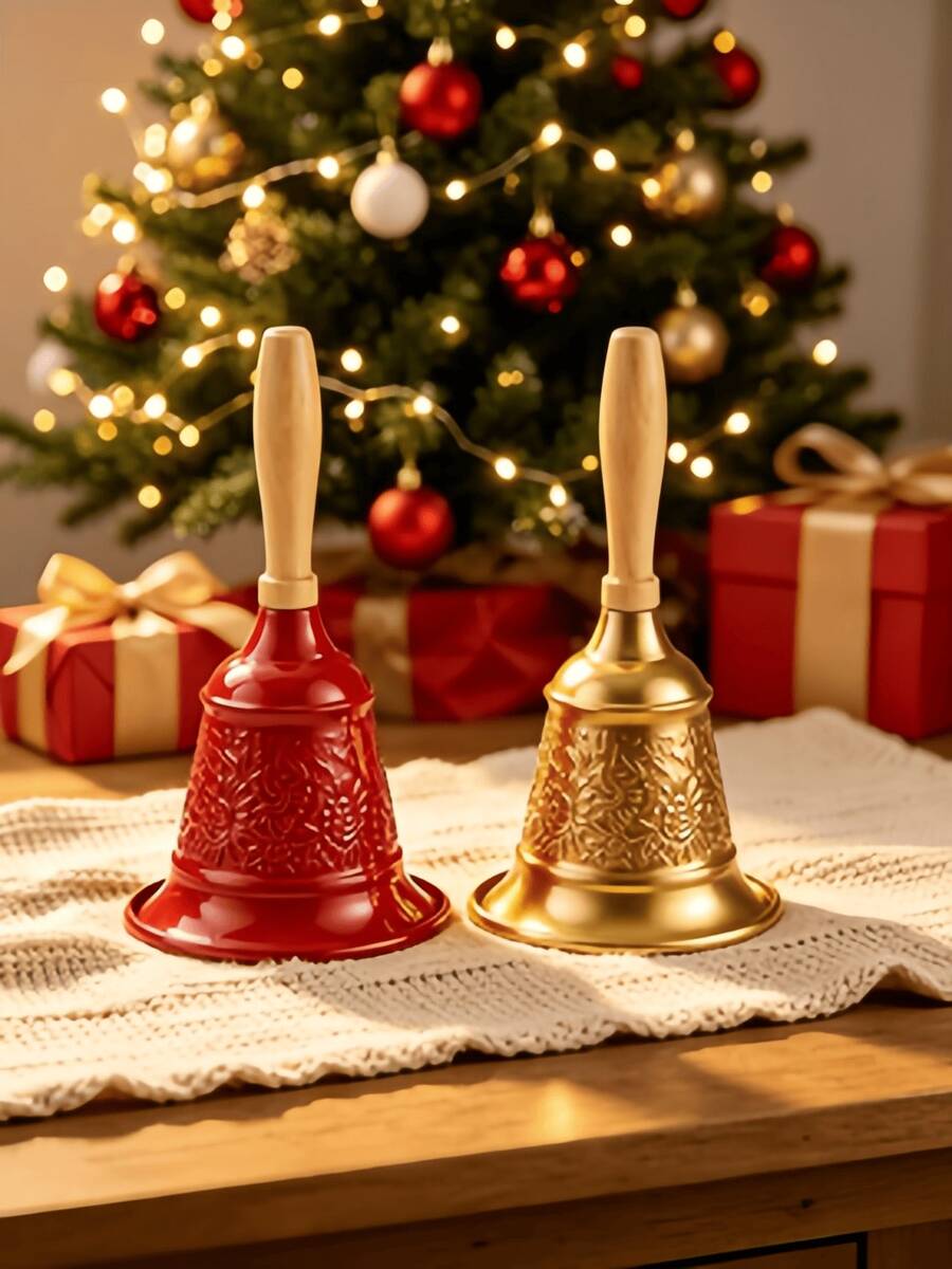 1pc/Christmas Metal Hand Bell With Rustic Floral Pattern Wooden Handle ...