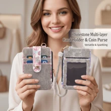 1pc Rhinestone Wristband Keychain Bracelet Wallet, Fashionable Floral Print PU Leather Card Holder, Compact And Lightweight. Detachable Wristband Design For Convenient Carrying And Storage. They All Showcase Unique Design And Fashion Charm, Adding Personalized And Convenience To Your Daily Life - Multicolor - View 8