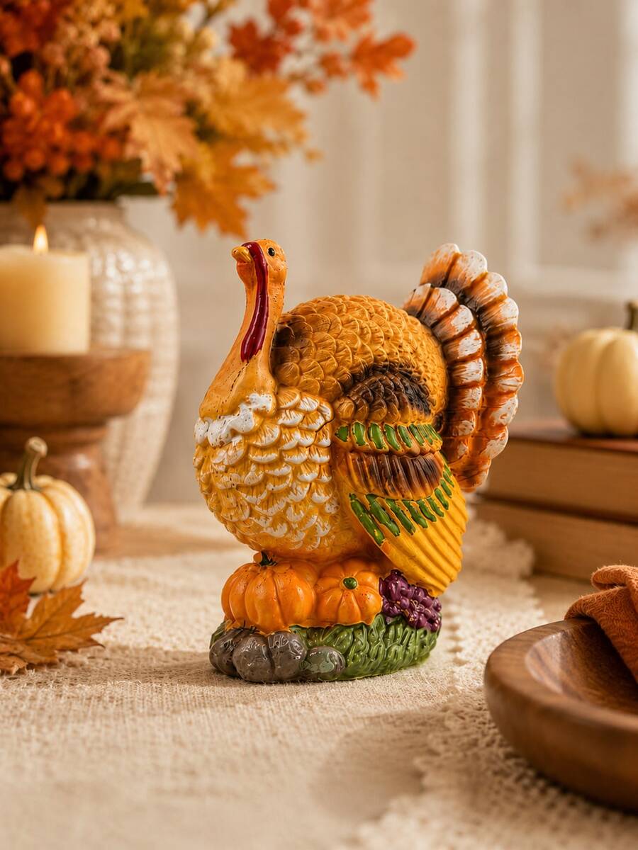 1pc Fall Turkey Figurine, Thanksgiving Decorations For Home, Autumn Harvest Tabletop Decor, Turkey Centerpiece Ornament For Shelf, Mantel, Dining Table, Kitchen & Living Room - Turkey Sculpture - View 1