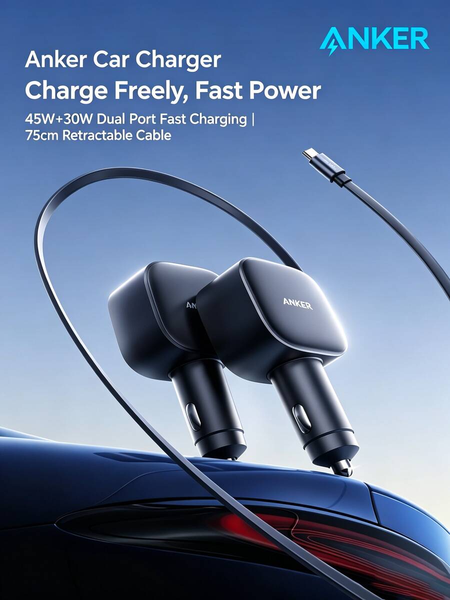 anker A2738 75W Retractable Car Charger For Apple IPhone USB Cigarette Lighter Socket With Built-In Cable - Type-c Retractable Cable + Type-c Port - View 1