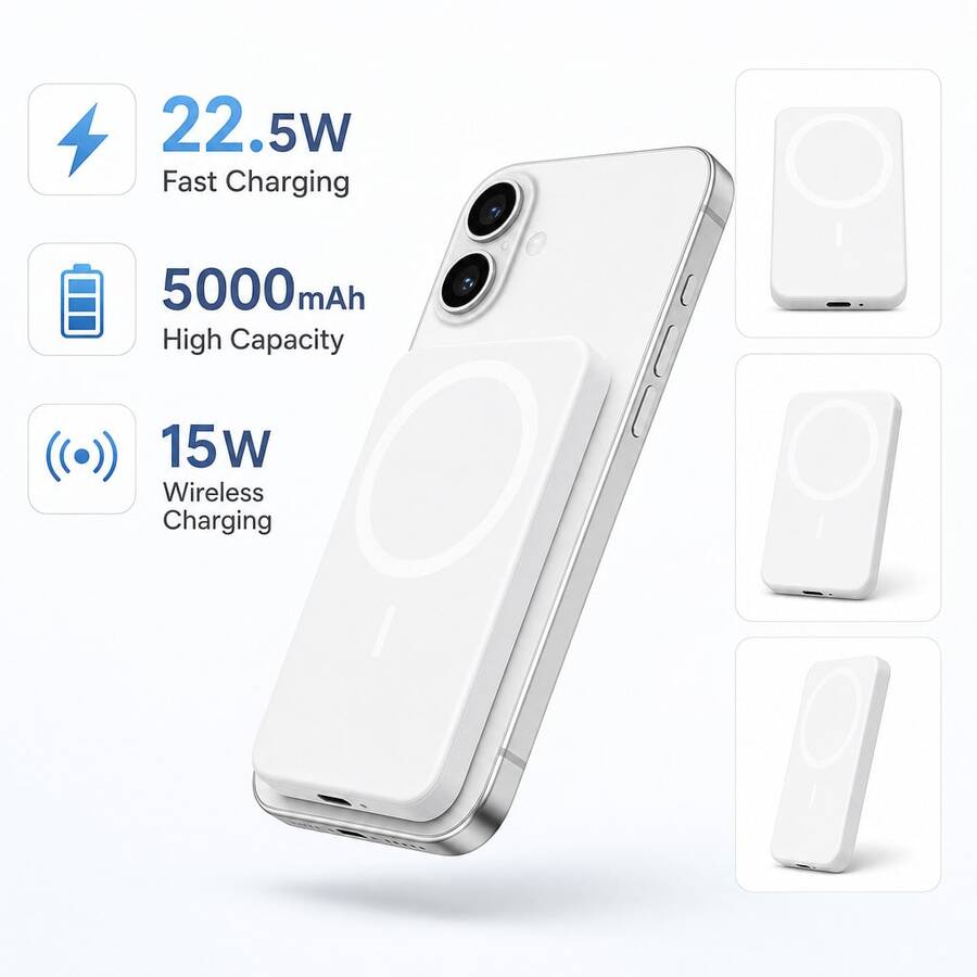5000mAh Magnetic Portable Power Bank With 15W Wireless Charging And 22.5W Fast Charging, Compact Rounded Battery Pack For Compatible Smartphones, Smooth Solid Colour Design For University Days, Student Life, Project Meetings, Daily Commutes, Road Travel, Weekend Visits And Holiday Breaks, Wireless Charger, University Essentials And Travel Size Mini Products - 1PC - View 1