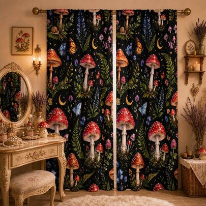 2pcs High-Definition Dark Night Mushroom Butterfly Printed Decorative Curtains, Light Blocking And Heat Insulation, Color Firm And Not Easy To Fade, Pole Bag Hanging, Suitable For Bedroom And Living Room Decoration, Home Soft Decoration Curtains