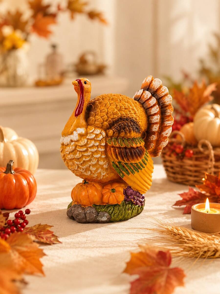 Thanksgiving Resin Turkey Tabletop Ornament With Pumpkin, Hand-Painted, Autumn Turkey Decoration, Suitable For Dining Tables, Home, Kitchen, And Office As A Harvest Decoration. - Multicolor - View 1