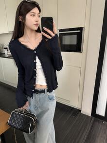 Spring/Autumn New Lace Patchwork Ruffle Soft Knit Cardigan Lightweight Sun Protection Jacket Top For Women - Navy Blue - View 1