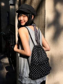 Women's Ruffle Polka Dot Drawstring Backpack, Large Capacity Lightweight Casual Bag for School, Travel & Daily Use - 黒 - チェックする 5
