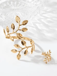 2pcs/Set Fashionable Elegant Vintage Hollow Leaf Design Open Bangle & Ring Jewelry Set - Gold - View 6