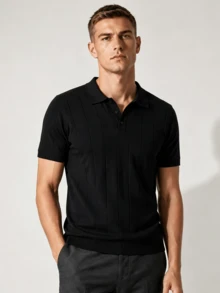 Men's Ribbed Polo Collar Knit Sweater, Retro Summer Casual Loose Thin Short Sleeve Pullover Top - Black - View 2