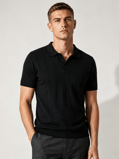 Men's Ribbed Polo Collar Knit Sweater, Retro Summer Casual Loose Thin Short Sleeve Pullover Top