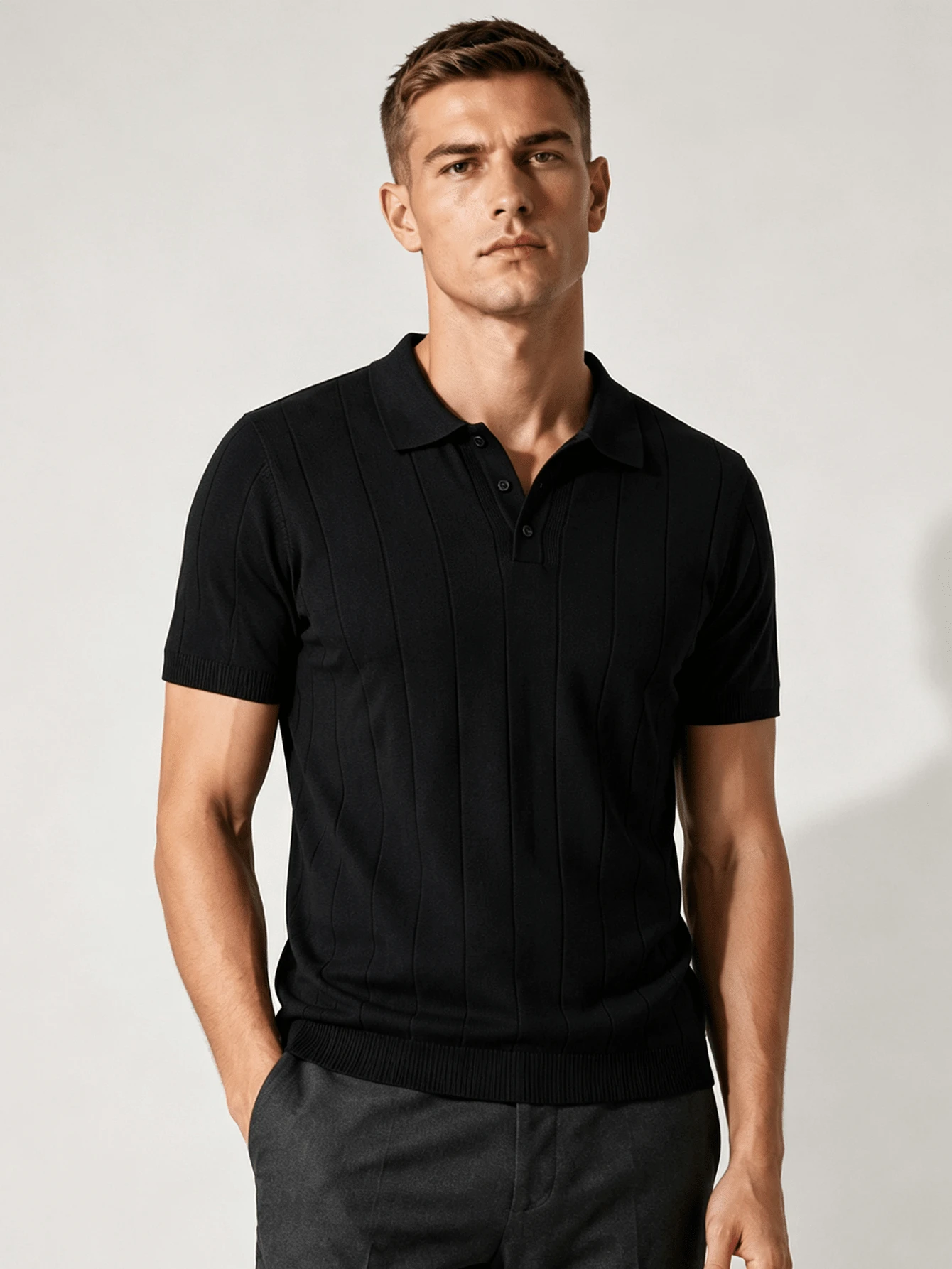 Men's Ribbed Polo Collar Knit Sweater, Retro Summer Casual Loose Thin Short Sleeve Pullover Top