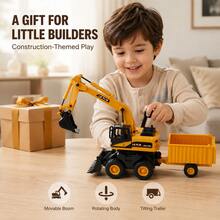 1 Set Engineering Excavator Toy, With Detachable Dump Trailer, Movable Excavator Arm, Rotating Body And Rolling Wheels, Suitable For Children 3 Years And Above Manual Engineering Vehicle Toy Set - Excavator & Trailer Set - View 2