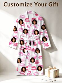 1pc Customizable Men's V-Neck Long Robe, Pink Lip Print Pattern, Funny Face Design, Men's Holiday Wear, Couple Pajamas Homewear, Suitable For Home, Beach, Pool, Unique Anniversary, Birthday, Holiday Gift For Boyfriend, Family, Friends - Multicolor - View 5