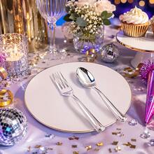 10/25/50pcs Silver High-Quality Tableware, Perfect For Dinner Parties And Events: Birthday, Carnival, Ramadan/Wedding, Holiday Tableware, Event Dining Utensils, Decorative Tableware Valentine's Day Decor, Easter Decor, Lightweight Tableware, Smooth Surface - Silver - View 3