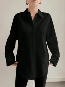 Kemeja Katun Murni Hitam Tenun Regular Fit Wanita, Lengan Panjang, Detail Kancing, Fesyen Serbaguna - Hitam - View 6