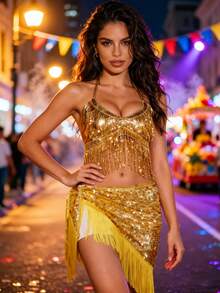 Sequin Tassel Crop Top Fringe Wrap Skirt For Music Festival Nightclub Carnival Performance Multiple Colors Available - Multicolor - View 10