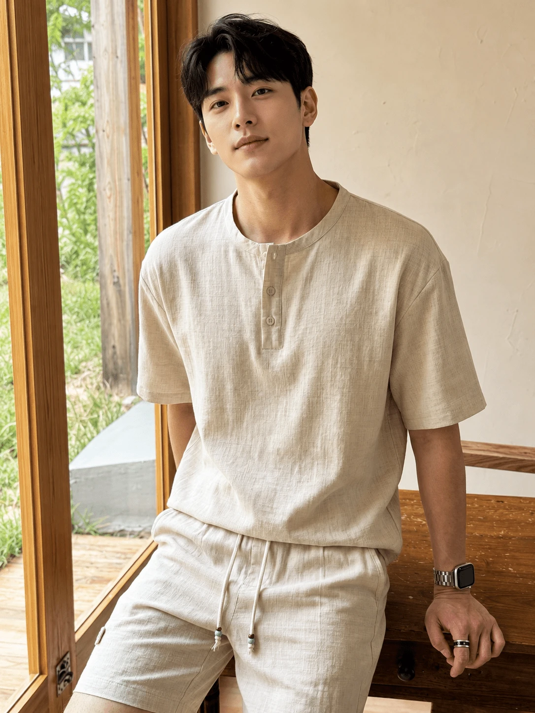 2pcs/Set Men's T-Shirt Set, Crew Neck Half-Button Short Sleeve T-Shirt + Drawstring 5-Point Shorts, Faux Linen Drape Skin-Friendly Comfortable Fabric, Korean Style Relaxed Fit, Versatile For Summer Daily Commute And Outdoor Activities - Apricot - View 1