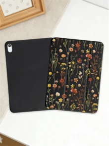 Retro Flowers Pattern Tablet Protective Case, Compatible With IPad 7/8/9/10th/Pro 11 /11th (A16) 2025 , Galaxy Tab S6 Lite / Galaxy Tab A11+ 2025, Offers Soft Shock-Proof Protection, Supports Smart Stand/Auto Wake/Sleep Function - Black - View 2