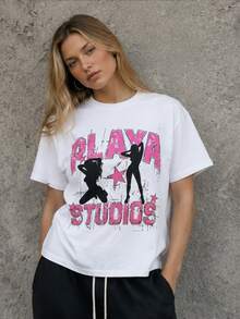 Women's Y2K Cotton T-Shirt, Short Sleeves, Crew Neck, Letter Print, Casual Streetwear Style, Autumn Women's, Ideal For Everyday Wear, Local Shipping - White - View 3