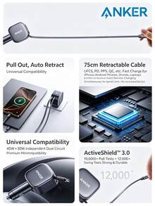 anker A2738 75W Retractable Car Charger For Apple IPhone USB Cigarette Lighter Socket With Built-In Cable - Type-c Retractable Cable + Type-c Port - View 4