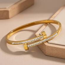 1pc Elegant Fashion Stainless Steel Nail-Shaped Full Rhinestone Bracelet, Women's Exquisite Bangle - Gold - View 5