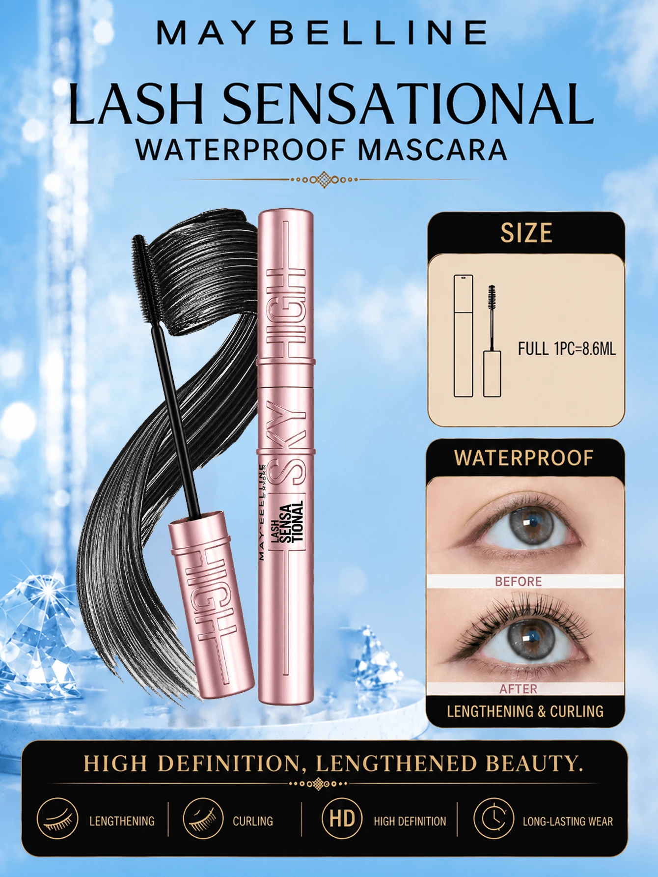 Maybelline Sky High Volumizing Mascara #Classic Black 8.6ml, Long-Lasting Waterproof Smudge-Proof, Dual-Brush Design, 3-Step Easy Application, Suitable For Daily Commute