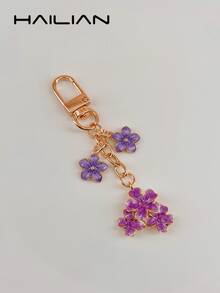 HAILIAN 1pc Alloy Cherry Blossom Shaped Keychain, Lightweight And Elegant Cherry Blossom With Square Tag, Suitable For Bag Pendant, Car Keyring, Couple Birthday Holiday Gift - Purple - View 4