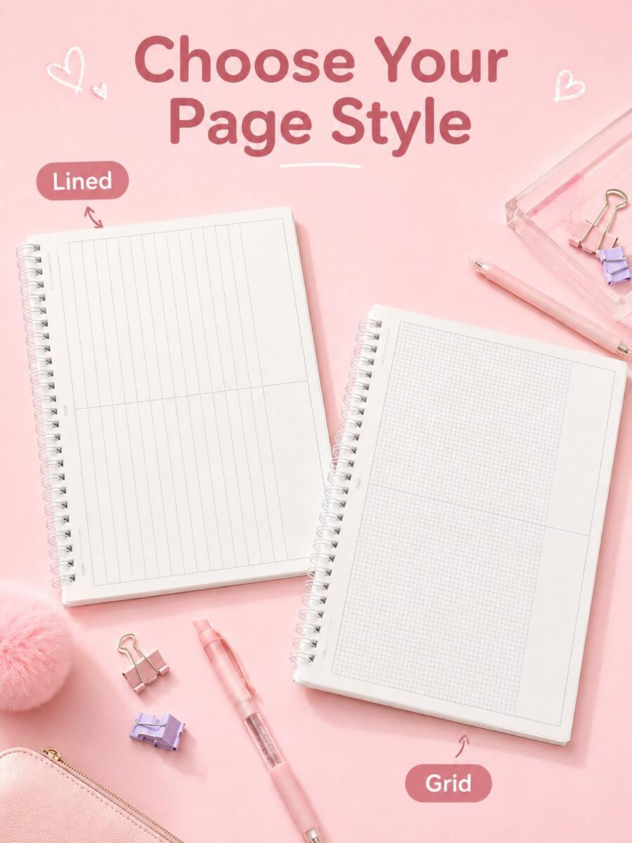 1pc This Planner Features Two-Page Layouts (Lined And Gridded), Color-Blocked Separation, And Includes A Title Section, Content Area, And Notes Section. It Is Spiral-Bound And Suitable For Student Class Notes And School Office Supplies. - Multiple Styles - View 1