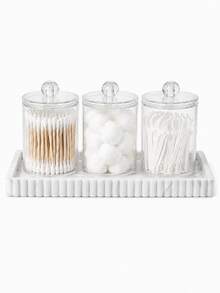 1/2/3/4-Piece Plastic Cotton Swab Storage Jar Set (With Tray) – Bathroom Countertop Organizer Set; Suitable For Round Cotton Pads, Cotton Balls, And Floss Picks; Apothecary-Style Design With Lids - Multicolor - View 6