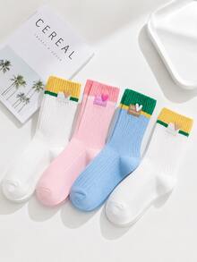 1/4 par de calcetines de media caña para mujer con bloques de color, calcetines de punto con rayas de contraste de dopamina y decoración de etiqueta con corazón, calcetines deportivos casuales suaves, adecuados para combinar con zapatillas, estilo callejero y accesorio de moda de dopamina diario - Multicolor - Ver 5