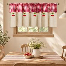 1PC Modern Fashion Plaid Pattern Coffee Curtain Rod Pocket Short Curtain, Cherry Decor Semi-Sheer Short Curtain, Suitable For Living Room, Patio, Kitchen, Dining Room Partition - Red and White Plaid - View 1