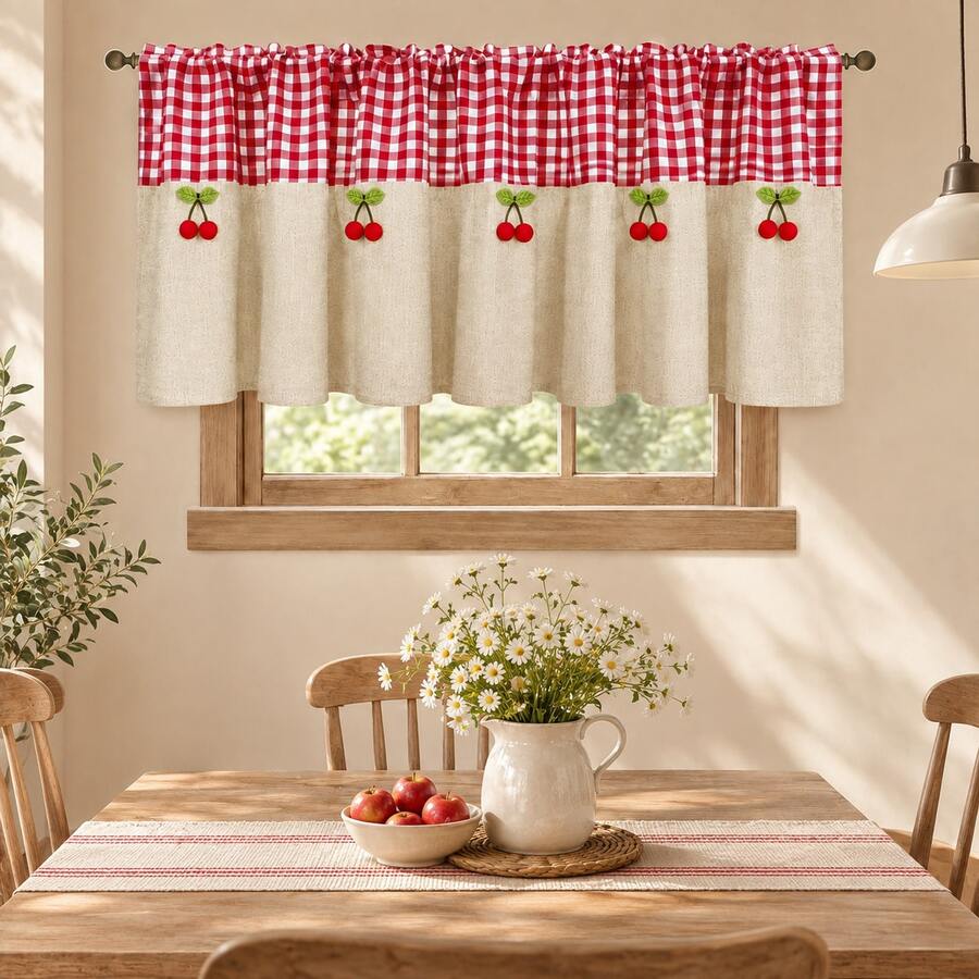 1PC Modern Fashion Plaid Pattern Coffee Curtain Rod Pocket Short Curtain, Cherry Decor Semi-Sheer Short Curtain, Suitable For Living Room, Patio, Kitchen, Dining Room Partition - Red and White Plaid - View 1