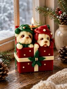 3D Christmas Gift Box Double Puppy Silicone Candle Mold, Two Cute Dogs Peeking Out Of Gift Box Decorated With Holly, DIY Aromatherapy Candle Plaster Diffuser Stone Epoxy Resin Christmas Table Decor Mold - Candle Molds - View 4