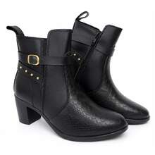 Bota Feminina Cano Curto Croco Salto Médio Bloco Fivela Dourada - Preto - Visão 1