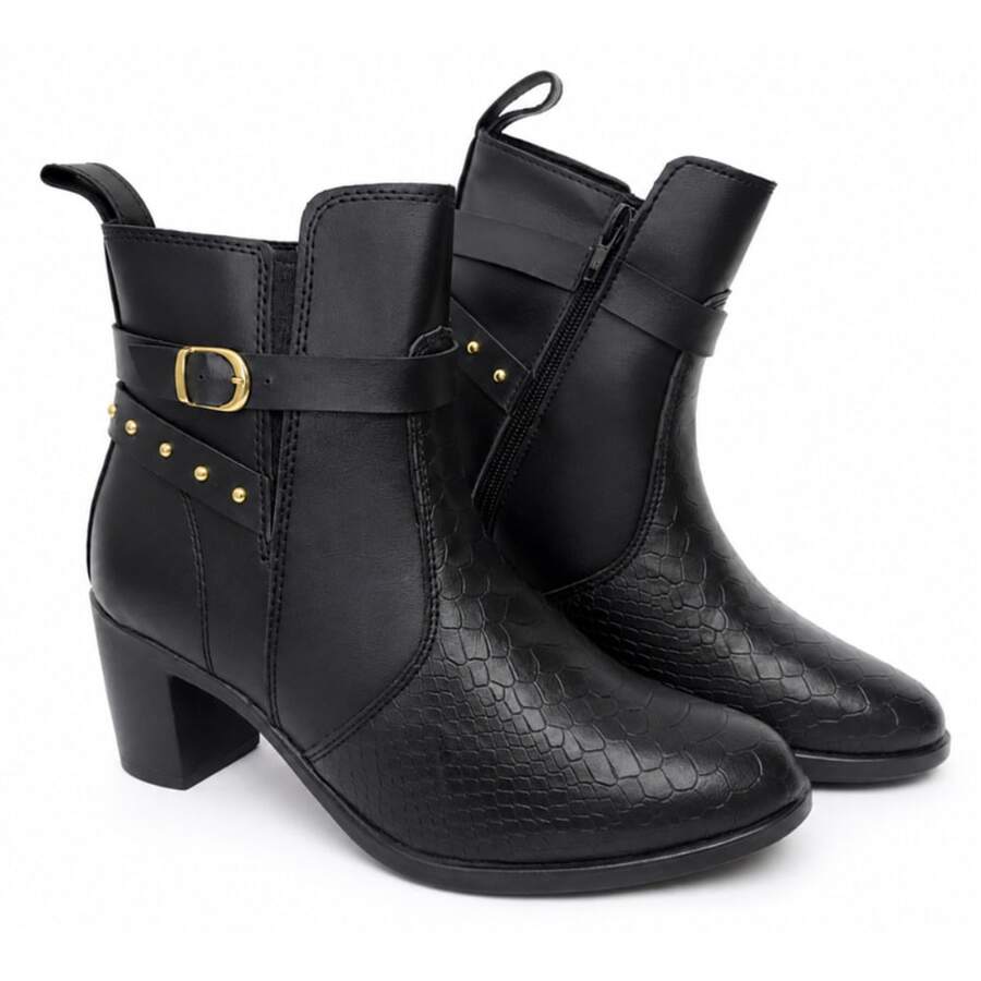 Bota Feminina Cano Curto Croco Salto Médio Bloco Fivela Dourada - Preto - Visão 1