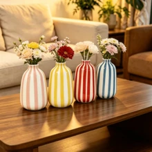 1pc Hand-Painted Striped Ceramic Vase With Hydroponic Flower Holder, Suitable For Bathroom, Living Room, Desk, Kitchen And Entryway Home Decor, Christmas Holiday Gift - Vase - View 3