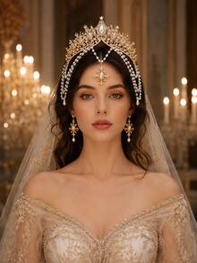 Bridal Crown Headband Luxury Gold Pearl Rhinestone Forehead Chain Tassel Vintage Royal Princess Wedding Headpiece For Prom Pageant Party - Multicolor - View 2