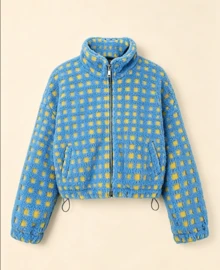 Women's Checkered Sherpa Fleece Zip Up Jacket, Jacke Damen Herbst Stand Collar Puff Sleeve Loose, Jacken Herbst Drawstring Hem Casual Fall Outerwear - Mint Blue - View 8