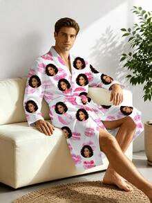 1pc Customizable Men's V-Neck Long Robe, Pink Lip Print Pattern, Funny Face Design, Men's Holiday Wear, Couple Pajamas Homewear, Suitable For Home, Beach, Pool, Unique Anniversary, Birthday, Holiday Gift For Boyfriend, Family, Friends - Multicolor - View 4