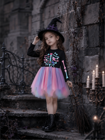 Baby Girl Fashion Autumn New Halloween Candy Heart Skeleton Skull Long Sleeve Pink Macaron Gradient Dress Princess Dress, Holiday Party, Gift For Children