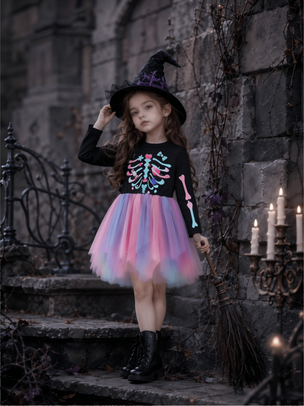 Baby Girl Fashion Autumn New Halloween Candy Heart Skeleton Skull Long Sleeve Pink Macaron Gradient Dress Princess Dress, Holiday Party, Gift For Children