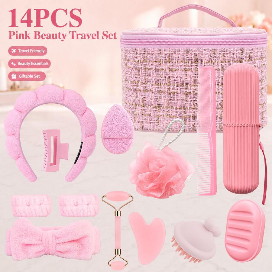 MONKIDS Set Perlengkapan Mandi Perjalanan Warna Pink 4 Buah, Perlengkapan Kamar Mandi Portabel dengan Kotak Sikat Gigi, Sisir Rambut, Kotak Sabun & Spons Mandi, Aksesori Perawatan Harian dengan Penyimpanan Ringkas untuk Perjalanan Bisnis dan Liburan - Watermelon Pink - View 1