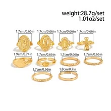 10pcs Bohemian Vintage Everyday Wear Party Gift Minimalist Aesthetic Retro Punk Hip Hop Style Crystal Cross Knuckle Rings Set, Hollow Out Virgin Mary Joint Rings, Suitable For Gatherings, Parties, Gifts, Daily Wear - Gold - View 5