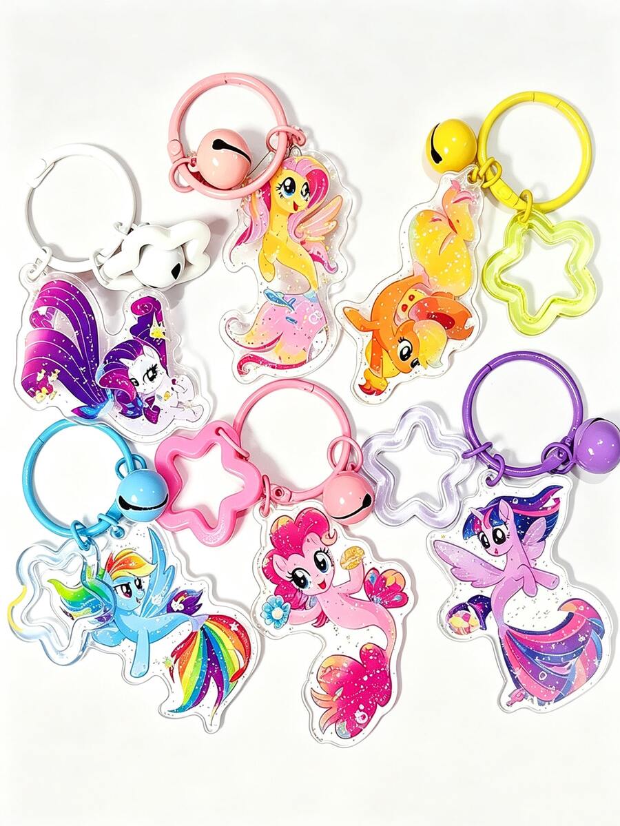MY LITTLE PONY Collectible Cartoon Mermaid Pony Acrylic Keychain, Glitter Sequin Bag Charm Pendant With Bell And Star Frame, Multi-Functional Decorative Accessory For Handbags, Backpacks, Car Keys, Ideal Daily Gift Ornament - A - View 1