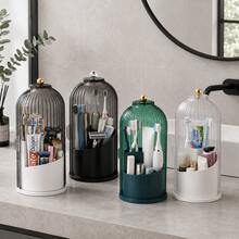 360° Rotating Makeup Brush Holder With 180° Sliding Cover And Clear Dustproof Lid,Gold Knob,3-Compartment Large Capacity Toothbrush Storage Organizer For Bathroom Vanity Countertop,Toothpaste,Available In White, Smoky Gray,Dark Green And Black - Grey - View 3