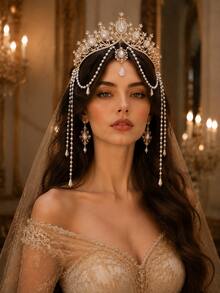 Bridal Crown Headband Luxury Gold Pearl Rhinestone Forehead Chain Tassel Vintage Royal Princess Wedding Headpiece For Prom Pageant Party - Multicolor - View 5