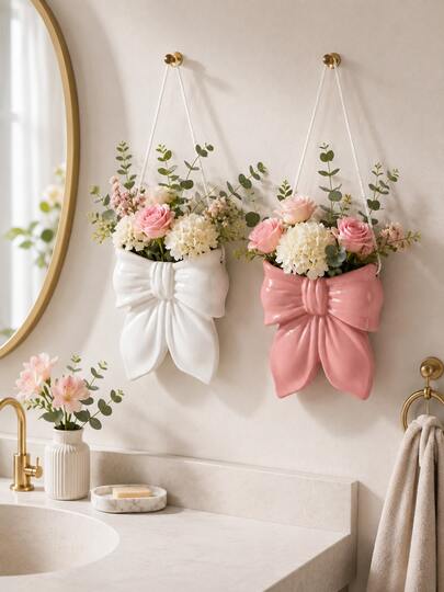1pc/2pcs Cream White/Sakura Pink Ceramic Texture Bow Hanging Flower Pot/Candle Tray, Ins Style Luxury French Matte Glaze, Bathroom Greenery/Aromatherapy Storage Decoration, Perfect Gift For Best Friend's Bathroom