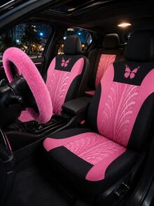 8pcs/9pcs/17pcs Breathable Car Seat Covers Set, Butterfly Pattern, With Soft Plush Steering Wheel Cover, Gear Shift Cover, Handbrake Cover And Rhinestone Plush Pendant, Create Comfortable Driving Experience - Multicolor - View 5