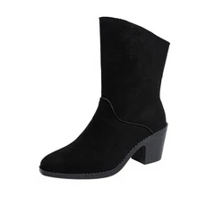 Women Solid Black Faux Suede Mid‑Calf Boots Round Toe Chunky Block Heel Slip‑On Winter Casual Shoes - Black - View 17