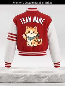 Jaket Baseball Pendek Wanita Kustom dengan Nama dan Nomor Tim yang Dipersonalisasi, Garis-garis Merah Putih, Kancing Depan, Jaket Bomber Varsity, Pakaian Luar - Merah - View 3